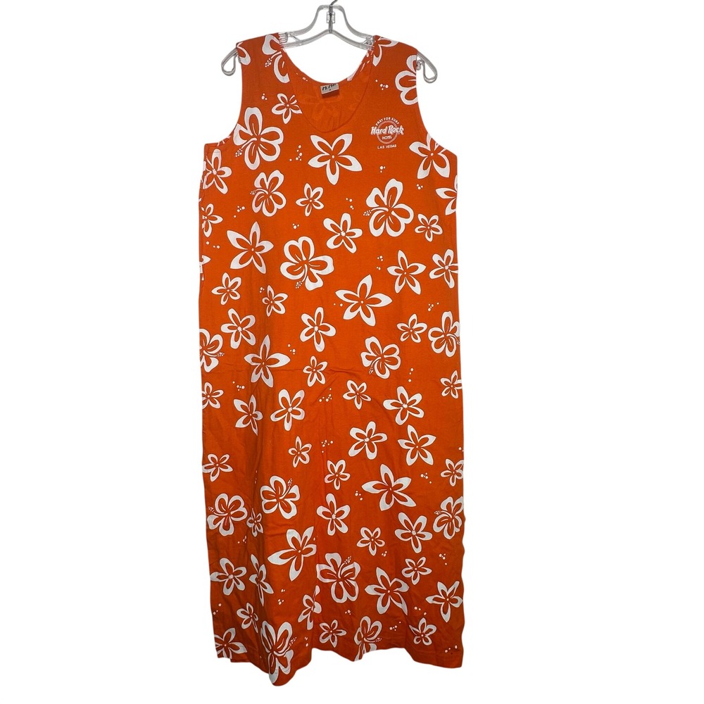 M. Mac Hard Rock Hotel Las Vegas Orange Hibiscus Floral Cotton Maxi Dress Medium